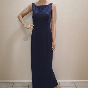 TAHARI FULL-LENGTH LONG BACKLESS FORMAL COLUMN DRESS NAVY BLACK TIE sz 12